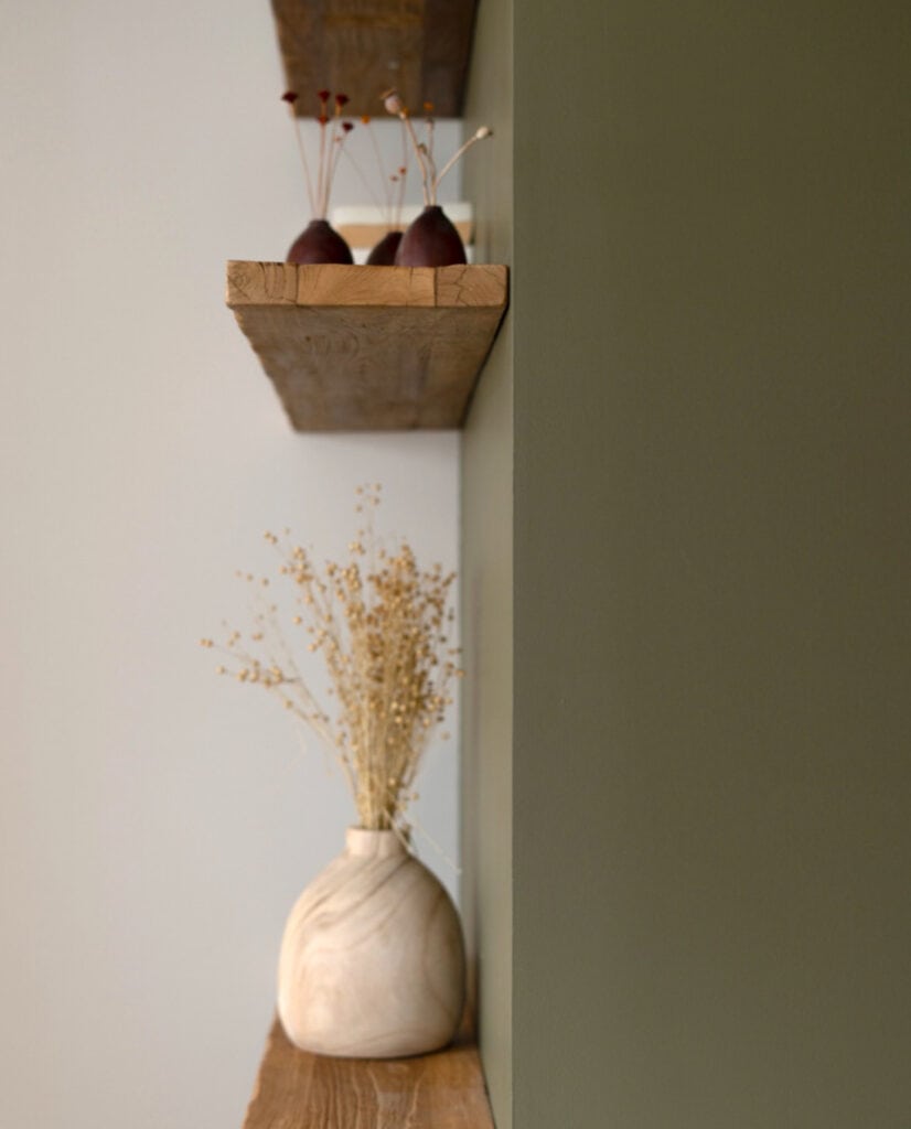 Couleur de peinture vert olive magnifiquement assortie avec cette étagère en bois brut et ce vase beige.