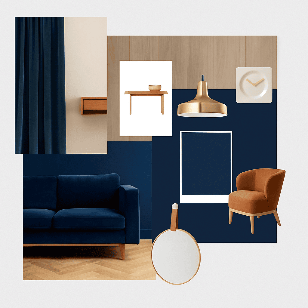 planche d'ambiance décoration d'intérieur bleu profond
