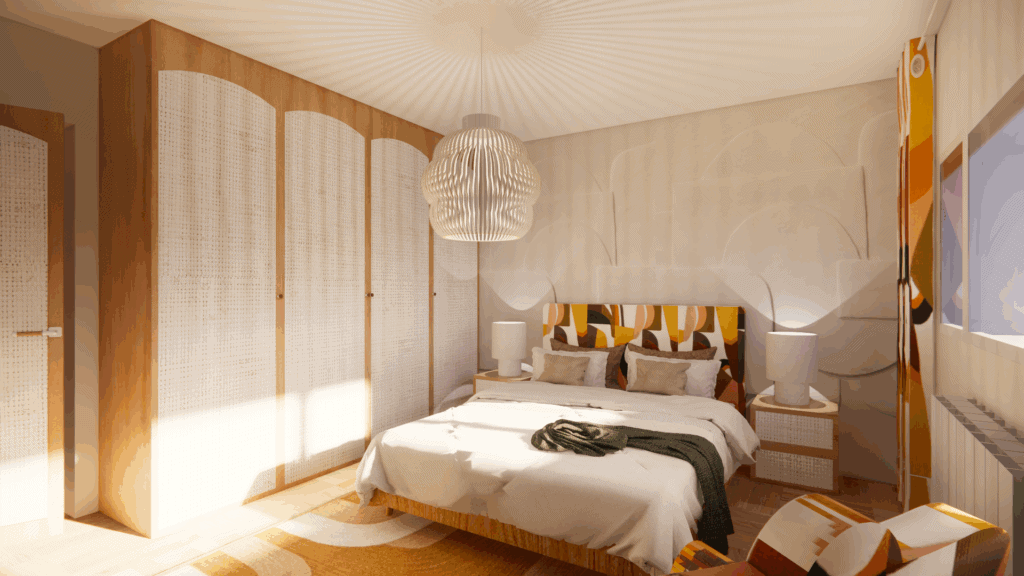 Chambre jaune moutarde et terracotta style années 70 par Claire Muller en Savoie
