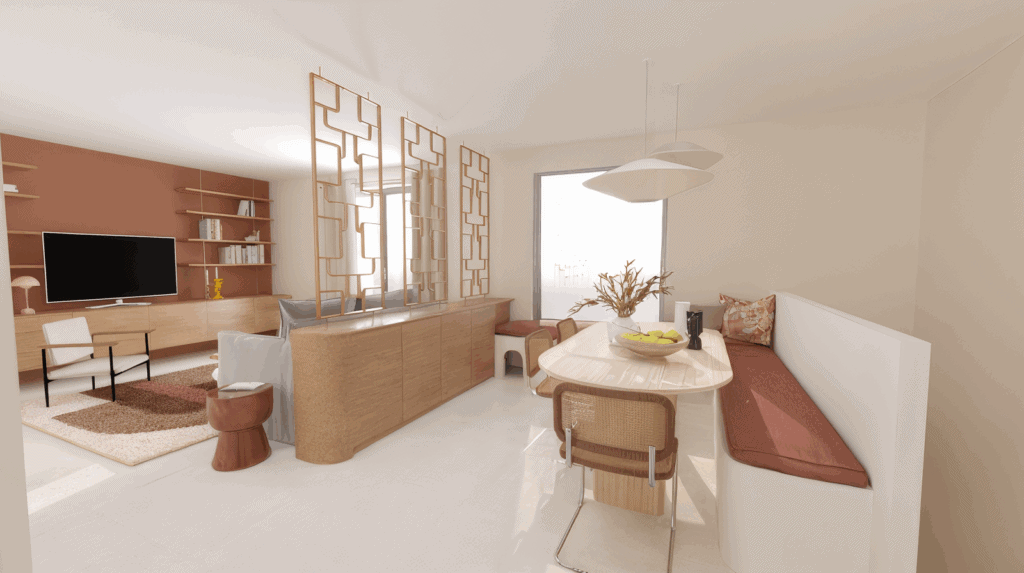 Salon à la décoration années 70 par Emelyne, notre responsable Design à Mulhouse