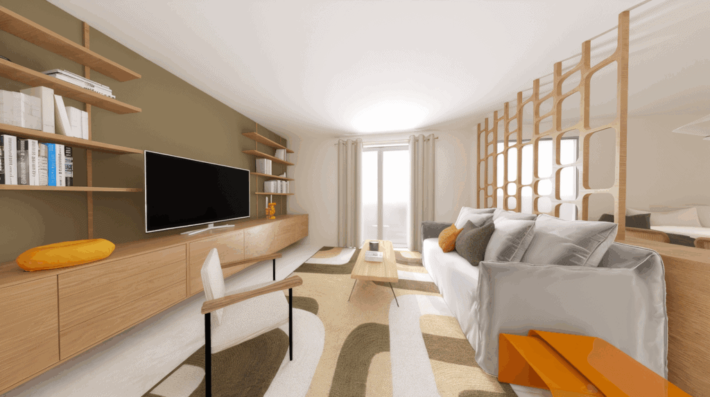 Meuble TV bois avec déco années 70