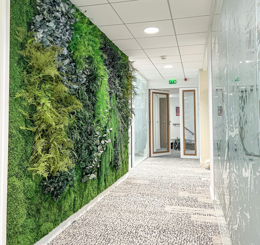 couloir de bureaux d'entreprise avec mur végétal