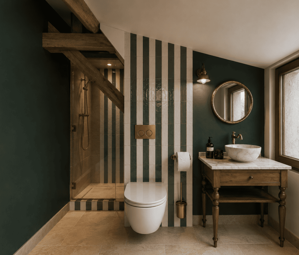 Exemple de salle de bain sous pente conçue par notre équipe à Strasbourg, plus de détails sur ce projet ci-dessous.