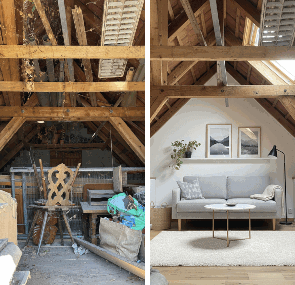 exemple d'aménagement en préservant les poutres