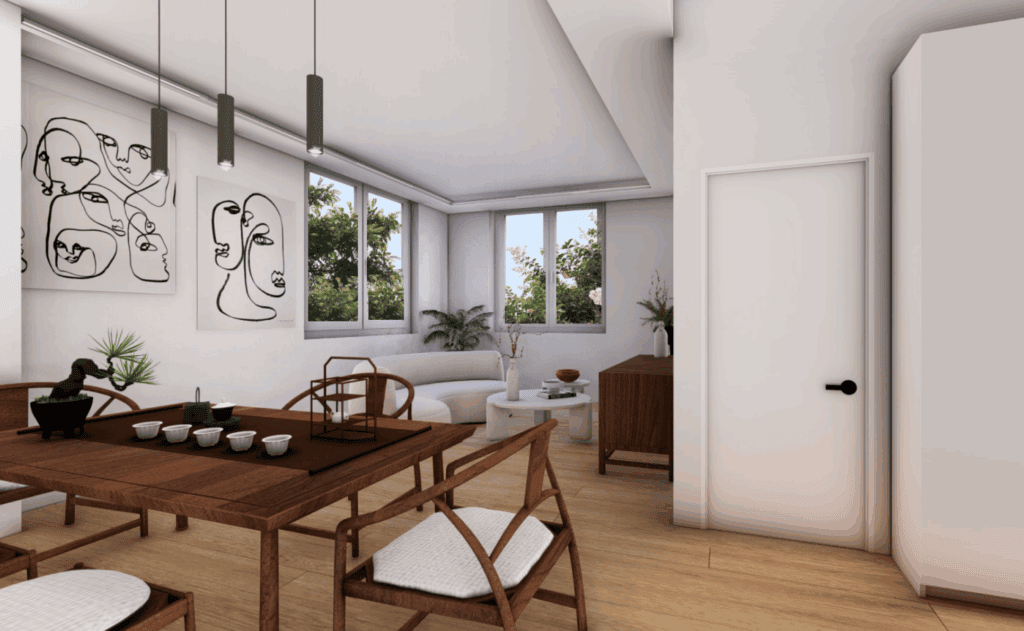 Vue 3D du projet Alexandre III : un faux plafond led design dans le salon