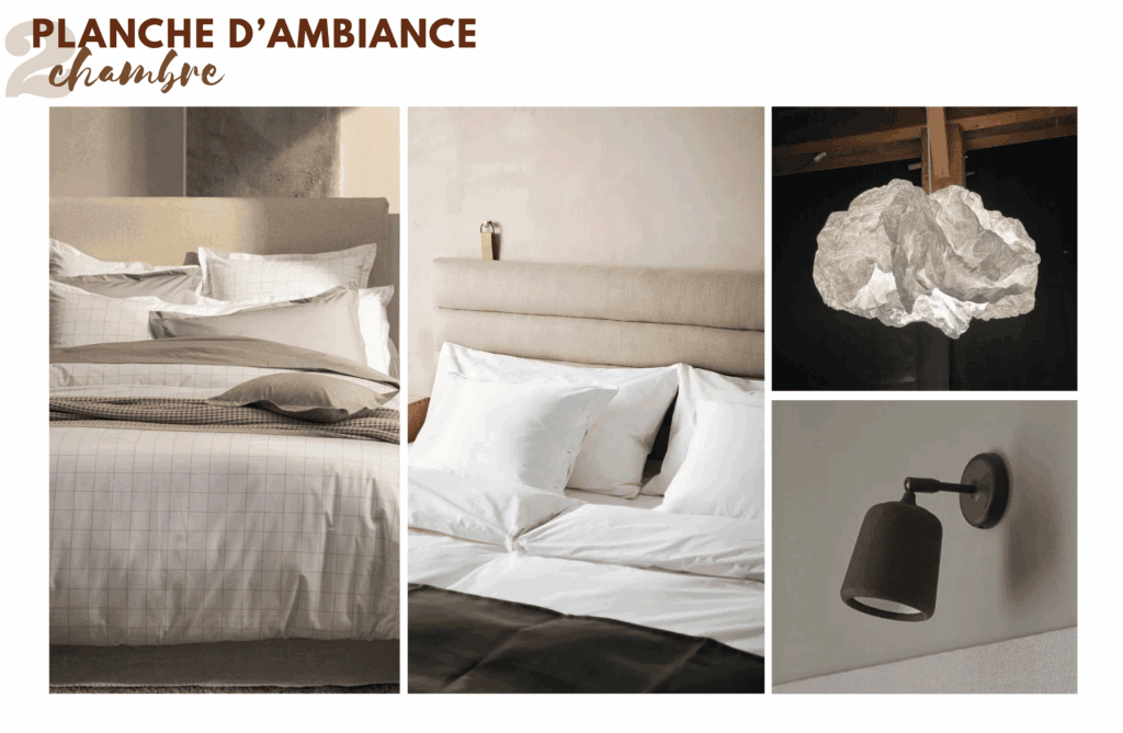 Le choix des matériaux: assortiment textile avec bois et matière béton ciré