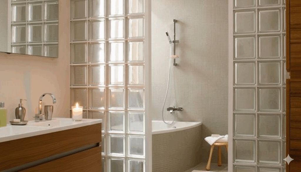 séparation baignoire et vasque avec briques de verre