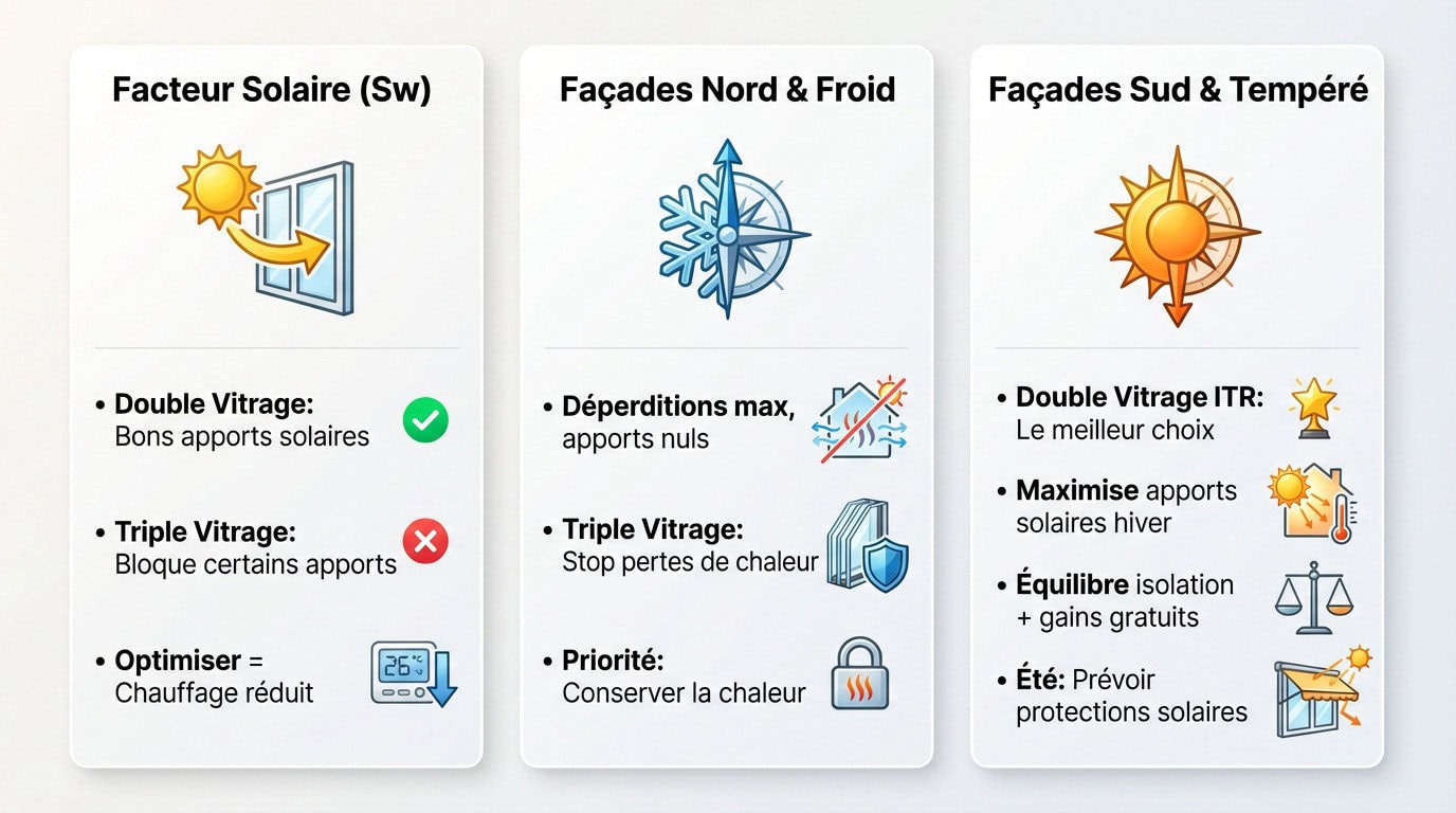 Schéma comparatif de l'efficacité thermique entre double et triple vitrage selon l'orientation de la maison