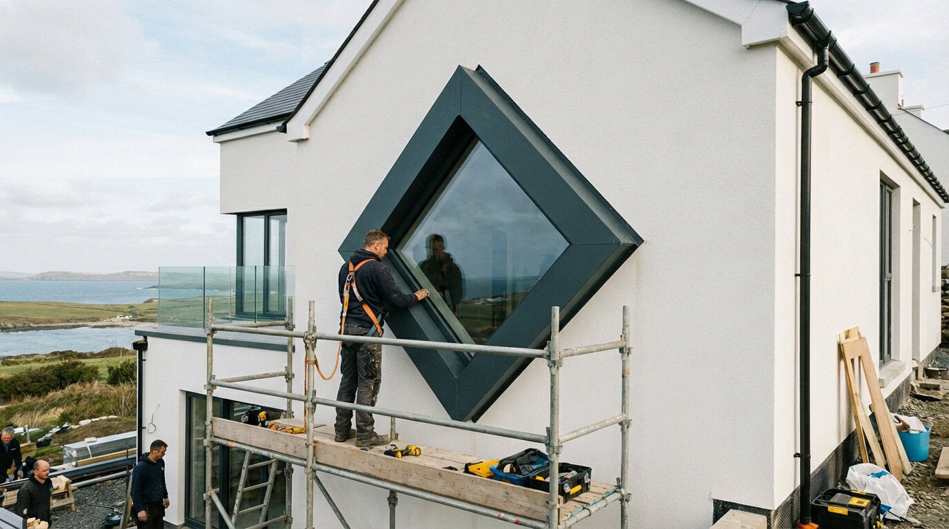 <strong>Installation d'une fenêtre losange architecturale</strong> sur une façade moderne en bord de mer