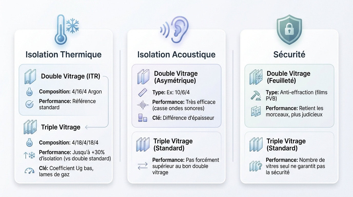 Comparaison technique entre double et triple vitrage pour l'isolation et la sécurité