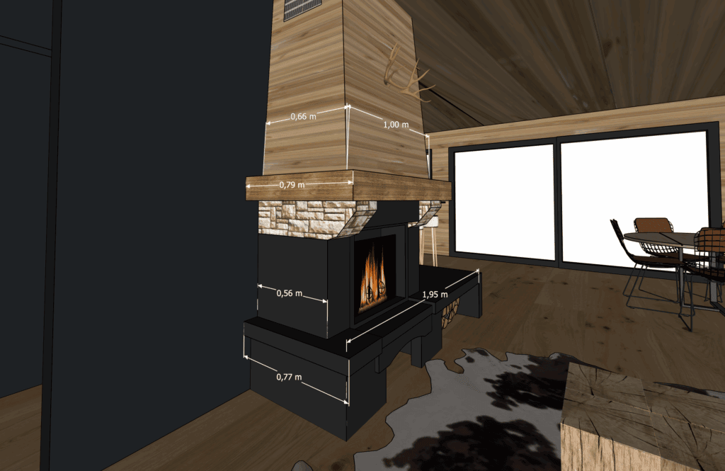 habillage cheminée placo : plan 3D avec côtes