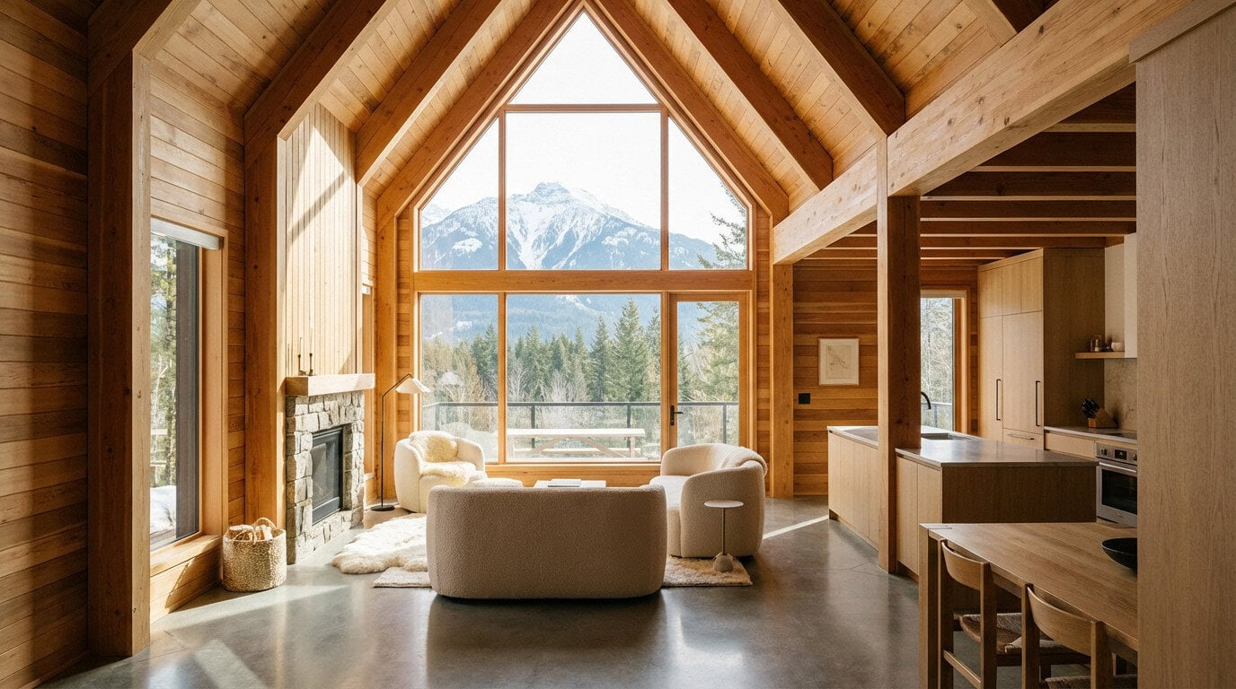 Intérieur de chalet A-frame lumineux avec grande fenêtre trapèze offrant une vue sur la montagne