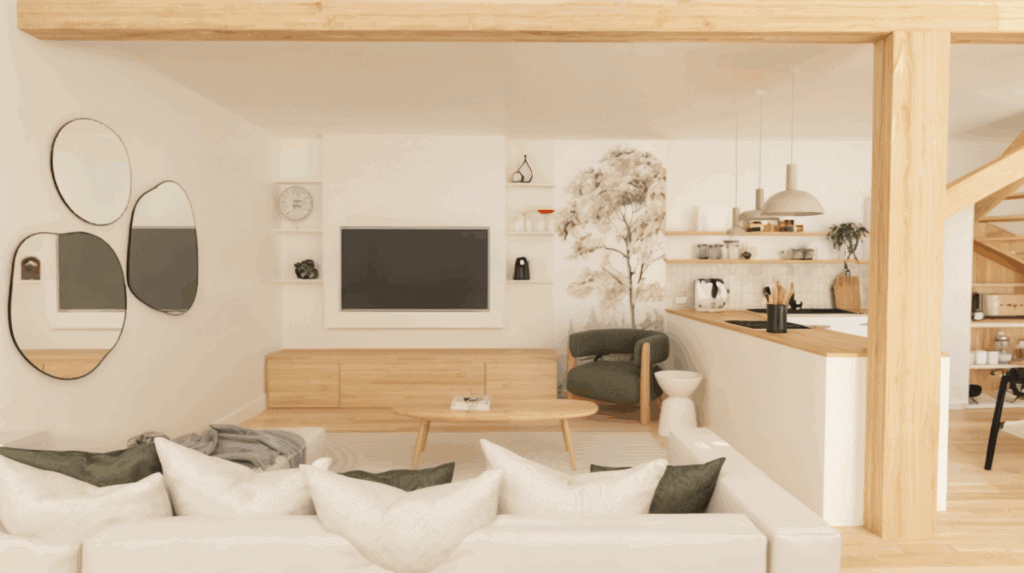 cuisine ouverte et salon séparé par un ilôt