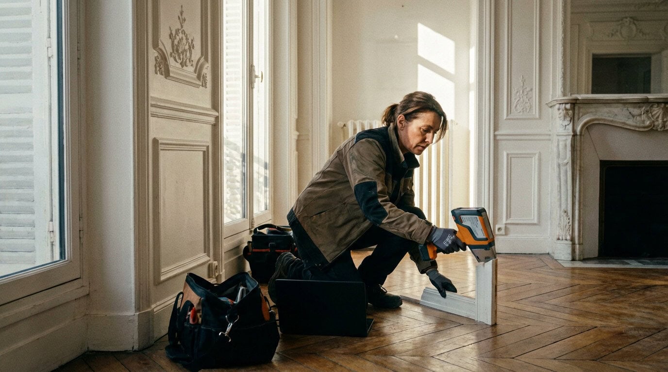Expert réalisant un diagnostic plomb sur un mur écaillé dans un appartement ancien à Paris