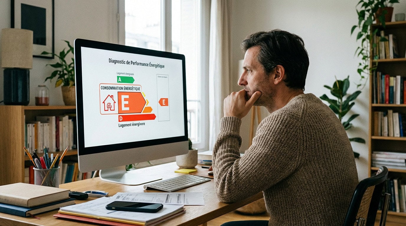 Propriétaire inquiet consultant un diagnostic de performance énergétique classé E
