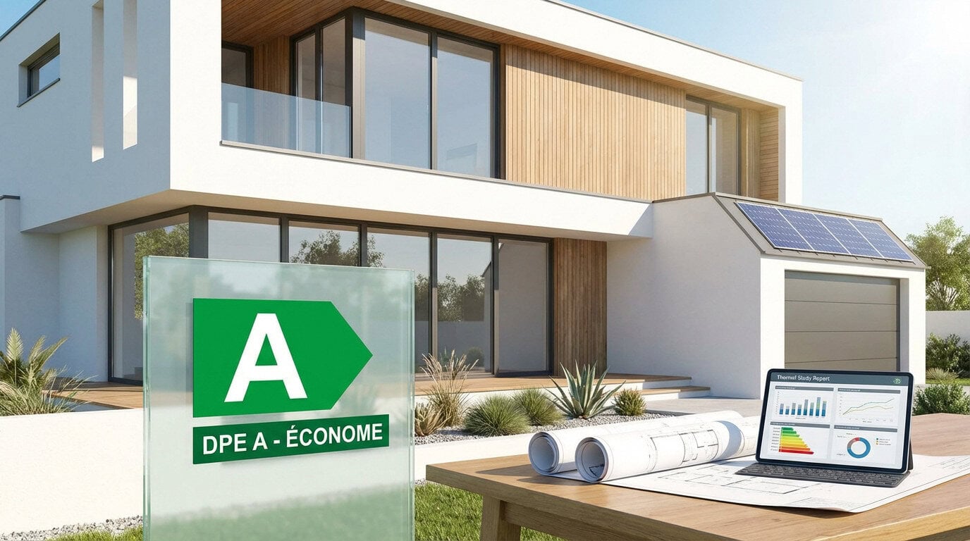 Maison neuve éco-efficiente avec une étiquette DPE A et un design durable