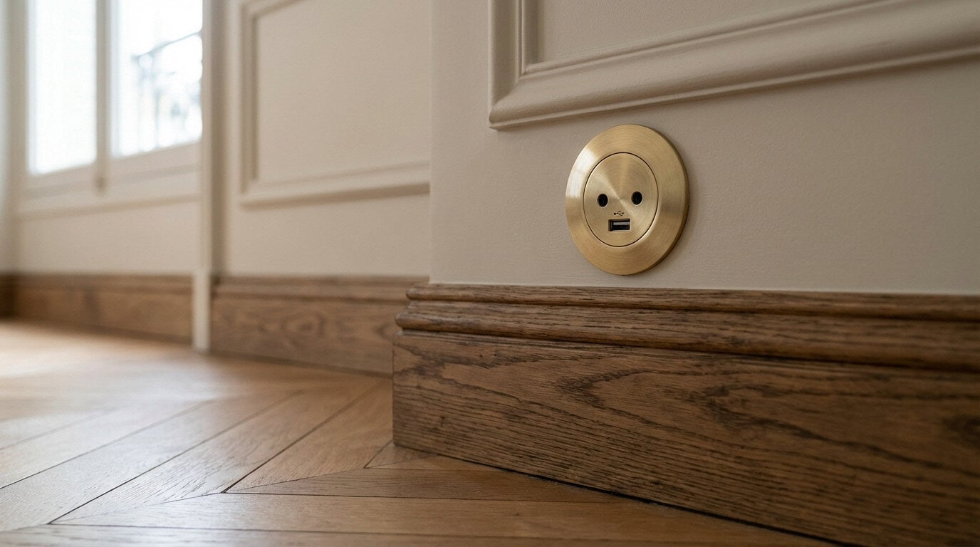Prise électrique design en laiton installée sur une plinthe en bois dans un intérieur haussmannien