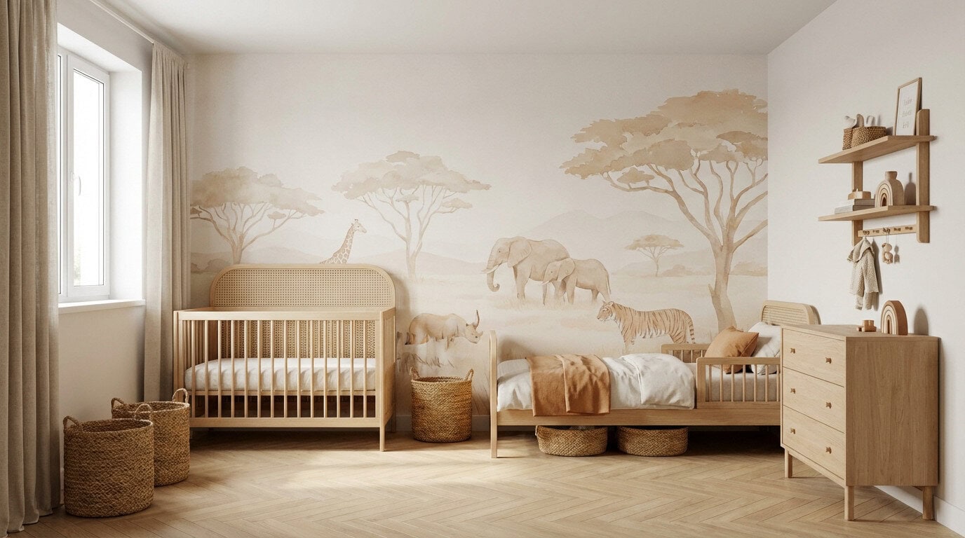 Décoration chambre enfant thème savane élégante avec papier panoramique