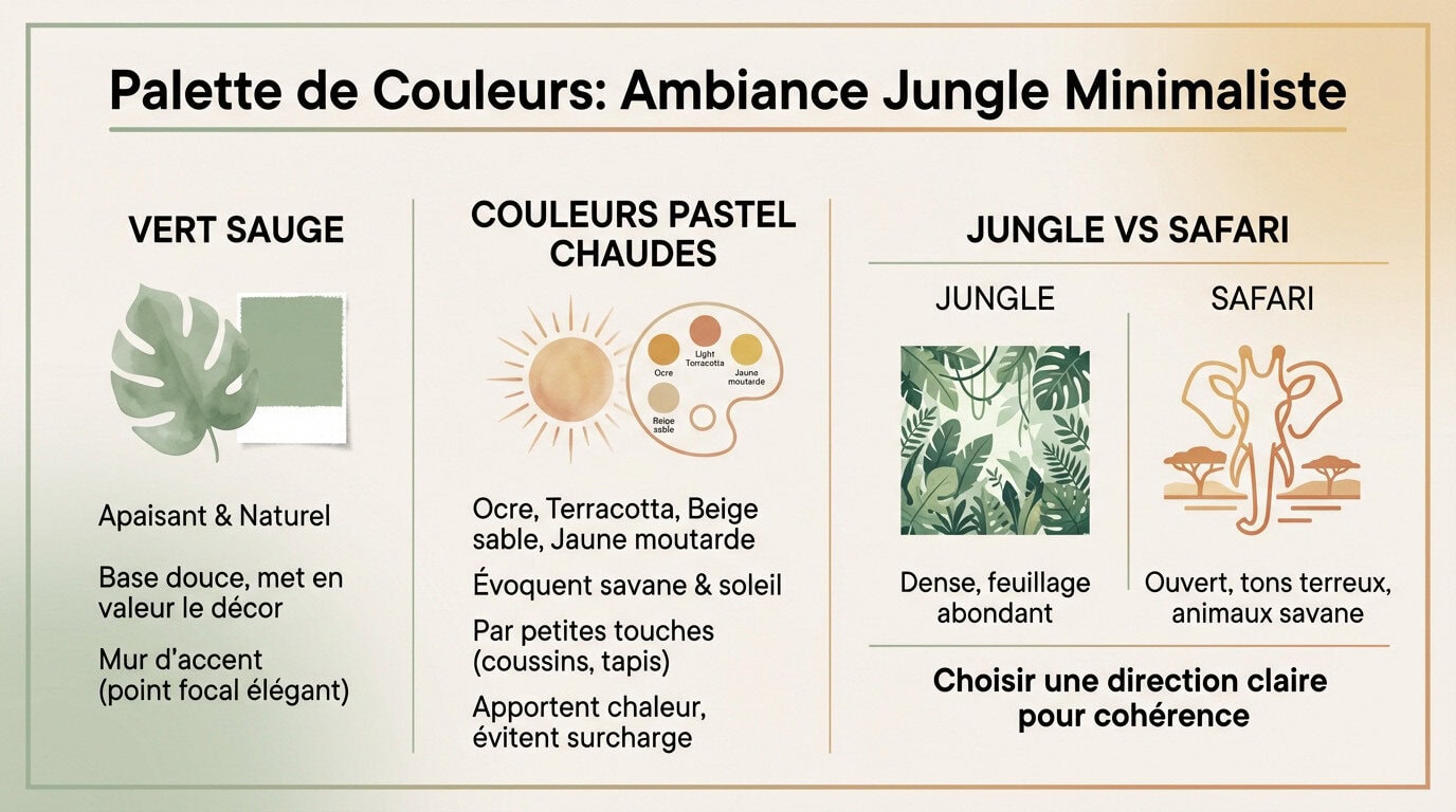 Palette de couleurs vert sauge et terracotta pour une décoration chambre enfant jungle minimaliste
