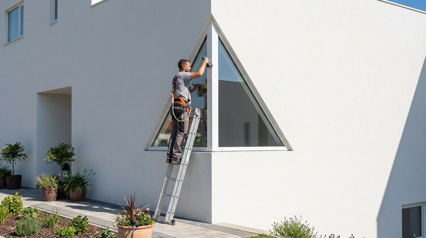 Installation professionnelle d'une fenêtre triangulaire sur le pignon d'une maison moderne