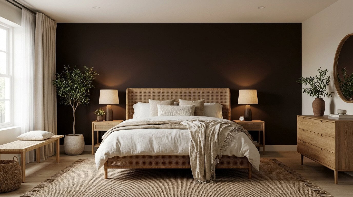 Chambre élégante avec mur peint en couleur chocolat et tête de lit en rotin