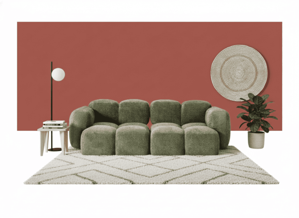 Planched mobilier avec un canapé vert foncé et un mur terracotta