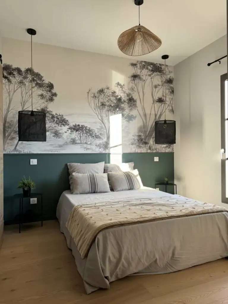 Chambre dans les tons vert sauge d'une maison contemporaine de 170m²