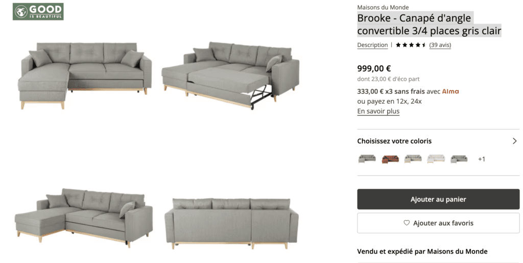 Brooke : canapé d'angle convertible 3/4 places gris clair