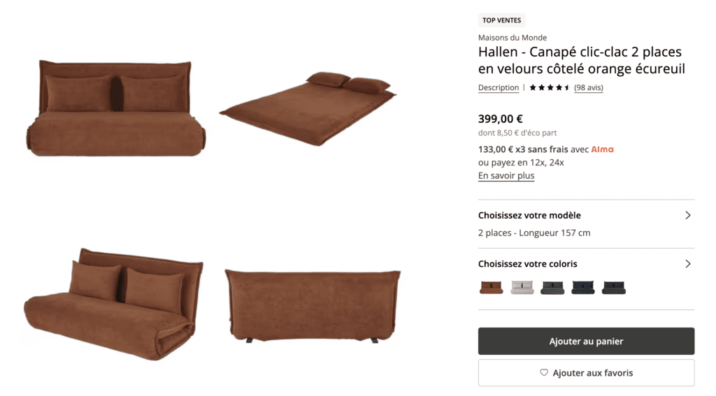 Hallen : le canapé clic-clac 2 places en velours style BZ