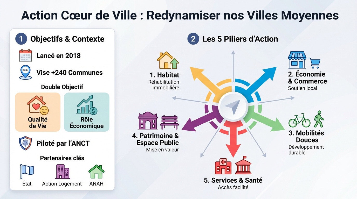 Vue d'ensemble d'un centre-ville rénové grâce au programme Action Cœur de Ville