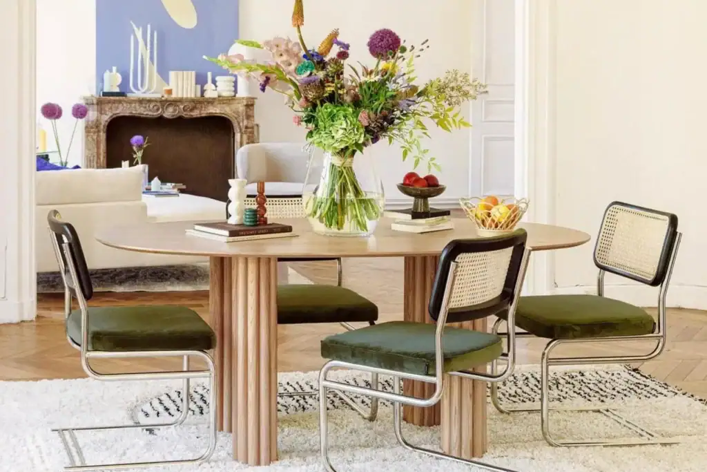 Salon avec tables et chaises en velours vert sapin et cannage de la marque NV Gallery