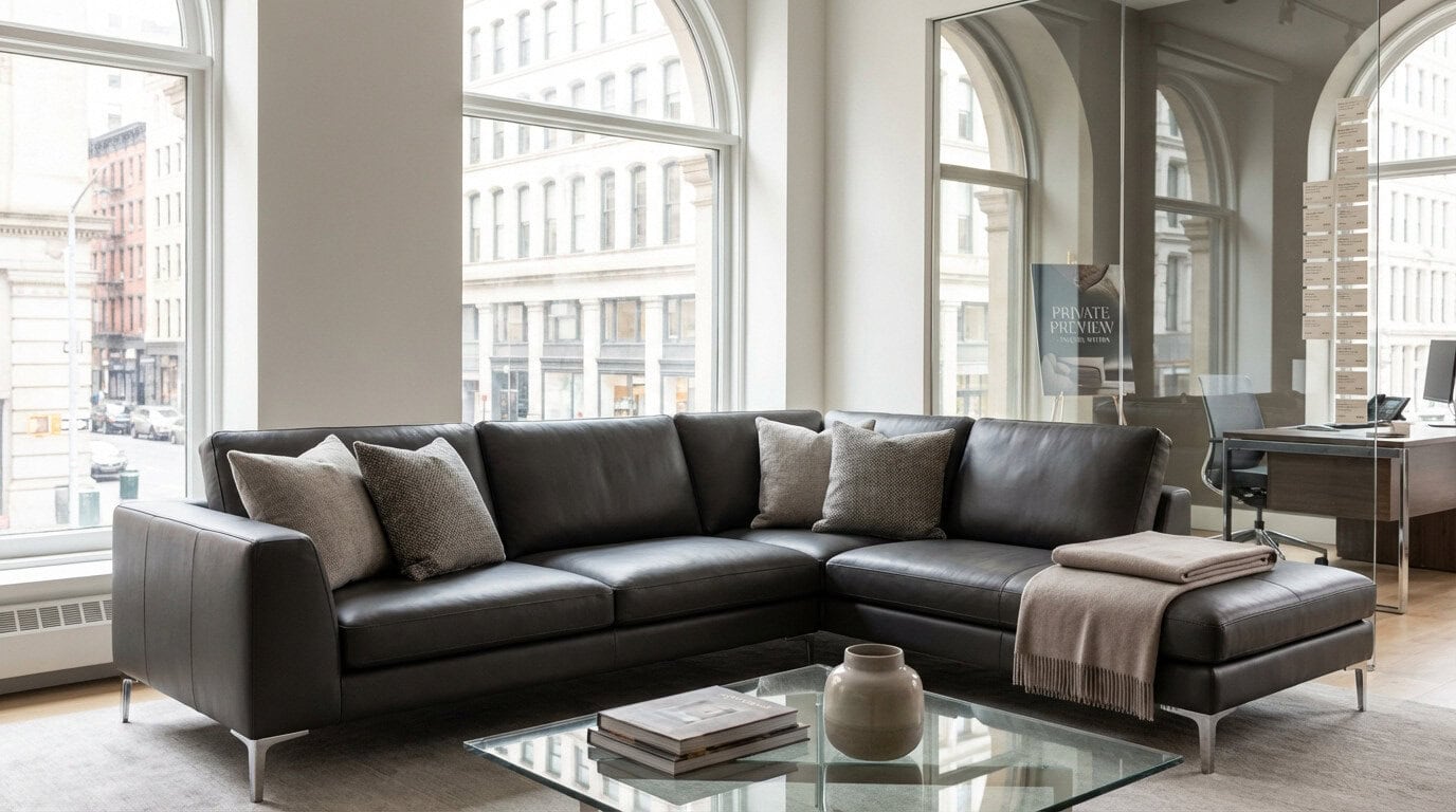 Showroom Poltronesofa mettant en avant un canapé en cuir luxueux et une ambiance soignée