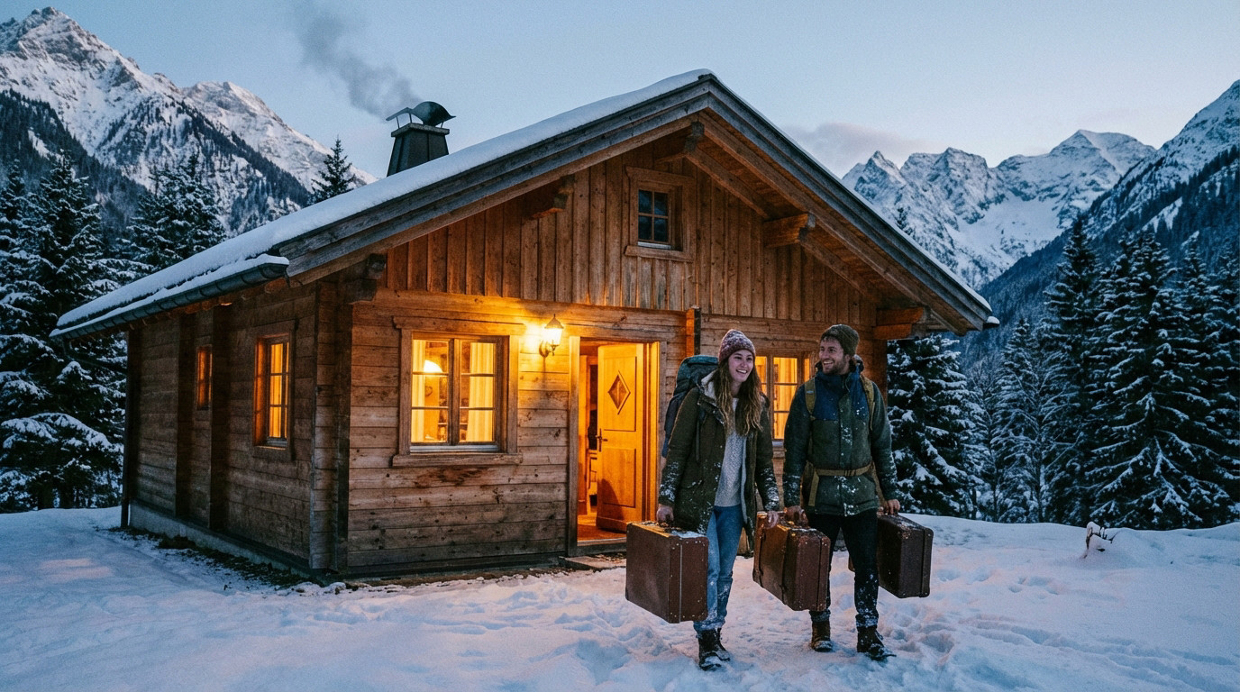 Voyageurs arrivant dans un chalet alpin confortable en hiver, illustrant la location saisonnière