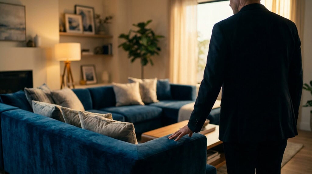 Person in suit gently touches a luxurious sapphire blue sofa in a warmly lit, modern living room, conveying thoughtful evaluation.