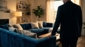 Person in suit gently touches a luxurious sapphire blue sofa in a warmly lit, modern living room, conveying thoughtful evaluation.