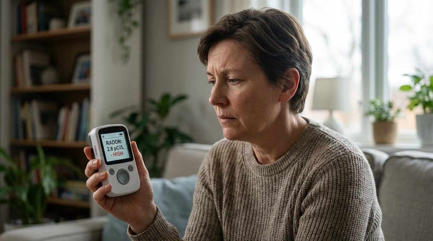 Propriétaires inquiets consultant un détecteur de radon affichant un taux élevé dans leur salon