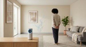 Person views a modern radon detector on a wood cabinet. Faint blue gas rises from the floor, symbolizing invisible radon in a well-lit home.