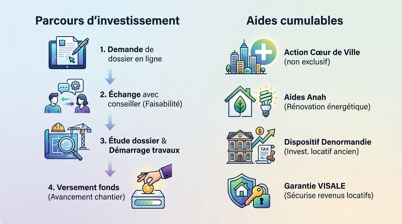 Schéma explicatif du parcours d'investissement Action Cœur de Ville et cumul des aides financières