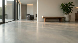A modern, elegant interior with a light grey polished concrete floor reflecting natural light from a large window. Features a wooden bench, potted plant, and armchair.