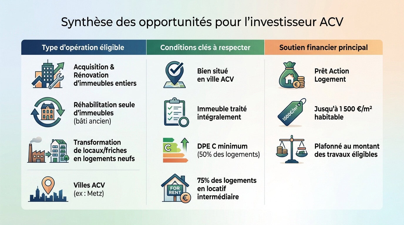 Tableau synthétique des opportunités de financement et conditions du programme Action Cœur de Ville pour les investisseurs