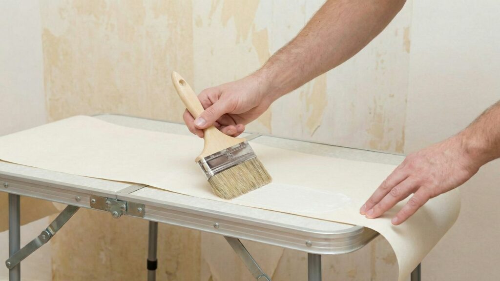 Application de colle à papier peint sur un lé de papier peint posé sur une table à tapisser.