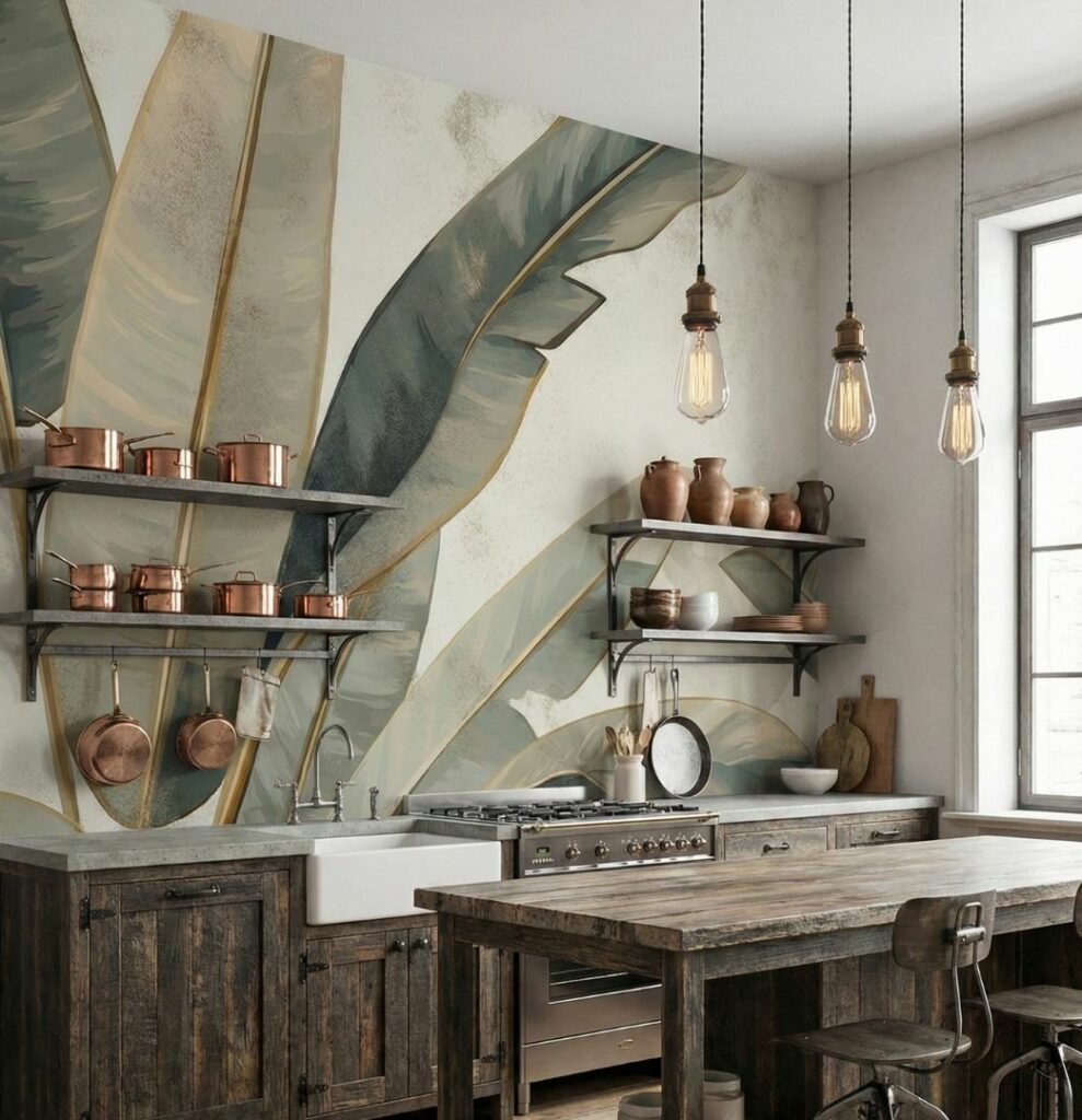 Cuisine style industriel rustique avec meubles en bois foncé et papier peint motif grandes feuilles de bananier vintage vert et doré