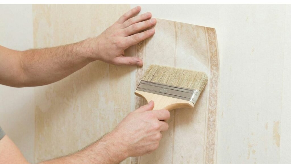 Mains d'une personne lissant un lé de papier peint sur un mur à l'aide d'une brosse de tapissier.