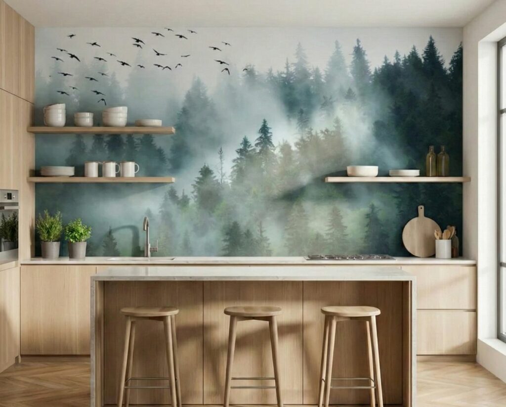 Cuisine contemporaine bois et blanc décorée avec un papier peint mural forêt de sapins dans la brume, ambiance nature apaisante