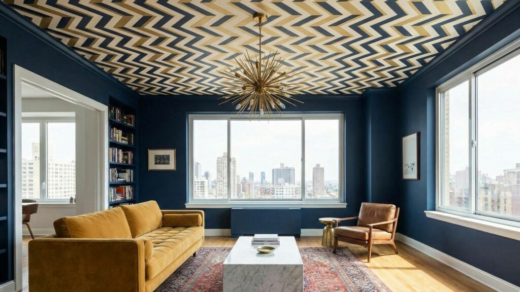 Salon lumineux avec murs à motifs géométriques bleus et plafond rayé beige et blanc conservant le style initial.