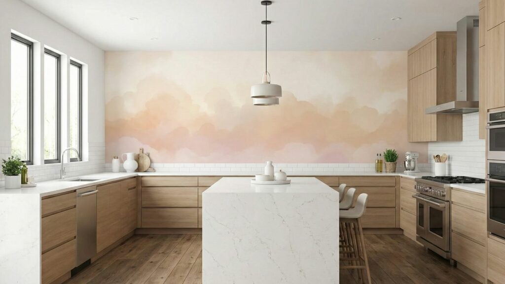 "Cuisine minimaliste blanche et bois avec papier peint artistique effet nuages aquarelle rose et orange pêche, grand îlot en marbre