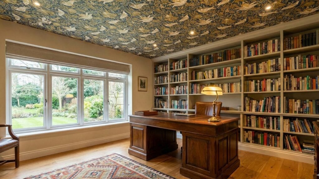 Bureau bibliothèque style classique avec murs remplis de livres et plafond tapissé d'un motif sombre aux oiseaux et feuillages dorés.