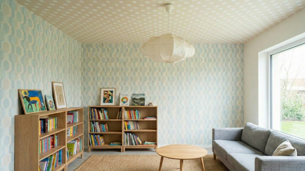 Chambre enfant élégante avec plafond à rayures beige et blanc, grand lustre design et décoration haut de gamme.