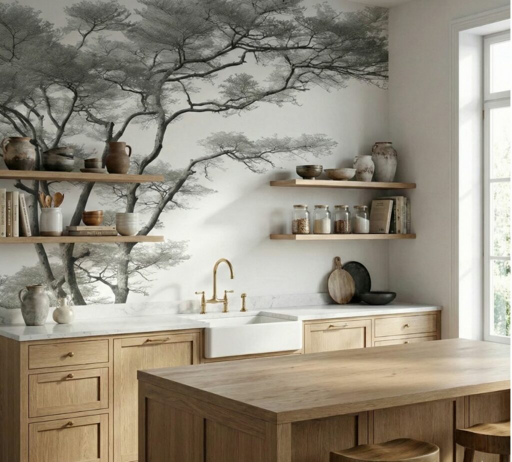 Cuisine élégante avec étagères ouvertes et papier peint design noir et blanc représentant un grand arbre détaillé style esquisse