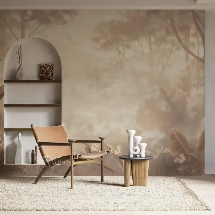 Papier peint forêt tropicale beige | Brume mystérieuse